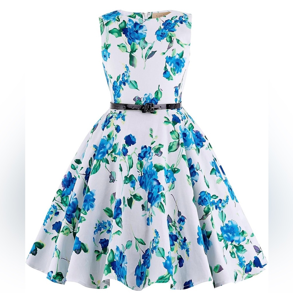 Kate Kasin - Girls Floral, Flared Skirt and Belted Dress - 7~8Yrs